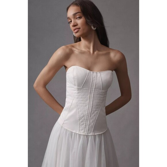 NWT Anthropologie BHLDN Strapless ALine White Satin TulleSkirt Midi Dress Size M - Picture 6 of 16